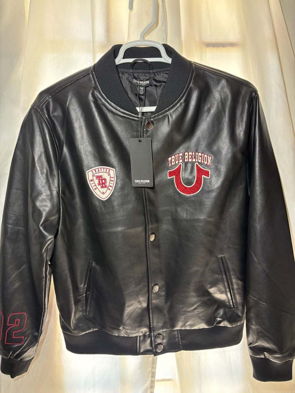 True Religion Varsity Jacket Size L Black Red Patches NWT